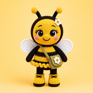 Puede incluir: Una muñeca abeja de ganchillo con cuerpo a rayas amarillas y negras, alas blancas y dos antenas. La muñeca lleva un bolso cruzado verde con una flor blanca, una flor a juego en la cabeza y botas amarillas con cordones negros.