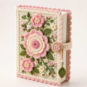 May include: A hardback book featuring a light green crocheted cover decorated with intricate pink and white floral motifs, green leaves, and a scalloped pink border. A beige crocheted strap with a wooden button and a small leaf charm secures it.