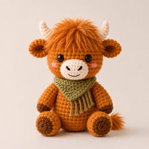 May include: A crocheted stuffed animal resembling a Highland cow with shaggy orange yarn hair, cream-colored horns, and black safety eyes. The figure has a white muzzle, pink cheeks, dark brown hooves, and wears a sage green crocheted scarf.