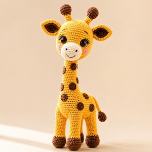 Peut inclure: Une girafe en crochet avec un corps jaune à taches marron foncé, un museau blanc et deux petites cornes marron sur le dessus de la tête. La girafe a de grands yeux noirs avec de longs cils et des taches circulaires roses sur les joues.