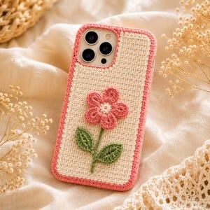 May include: A rectangular phone case featuring a cream-colored crocheted base with a pink crocheted flower and two green leaves attached to the center. The edges of the case are bordered in pink crochet, with a cutout for the camera lenses.
