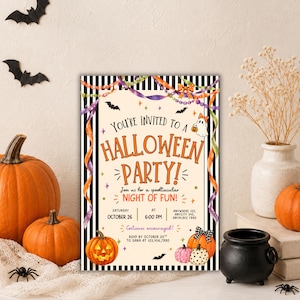 May include: A rectangular Halloween party invitation card featuring a black and white striped border, orange text reading "You're invited to a Halloween party!", a ghost illustration, pumpkins, bats, and colorful streamers on a cream background.