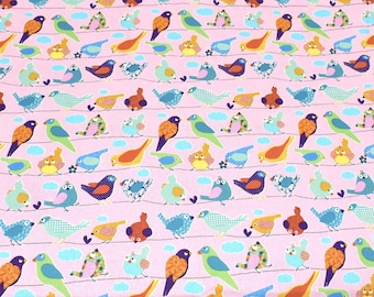 Bird fabric, blue bird fabric, pink cotton fabric, fabric by the yard, birds fabric, cloud fabric, yellow bird fabric, green bird fabric
