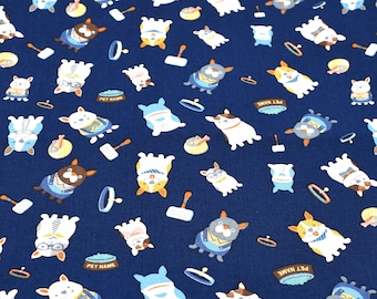 Dogs Fabric, Pet Fabric, Doggy Fabric, Blue Cotton Fabric, Cotton Fabric, Fabric By The Yard
