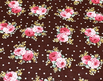 LAST PIECE Brown Cotton Fabric, Roses Cotton Fabric, Floral Fabric, Brown Polka Dots Fabric, Vintage Style Fabric, Pink Roses, Pink Flowers