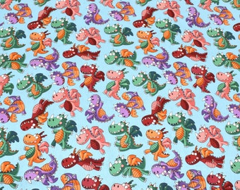 Dragons Fabric, Fairy Tale Fabric, Blue Fabric, Fabric By The Yard, Pink Dragon Fabric, Green Dragon Fabric, Blue Dragon Fabric