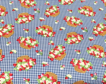 Strawberry Fabric, Berry Fabric, Blue Gingham Fabric, Cotton Fabric, Floral Fabric, Fabric by the Yard, Gingham Fabric