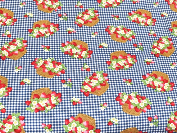Strawberry Fabric, Berry Fabric, Blue Gingham Fabric, Cotton Fabric, Floral Fabric, Fabric by the Yard, Gingham Fabric