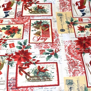 Christmas fabric, Santa Claus  fabric, holiday fabric, poinsettia fabric, Christmas flower fabric, cream fabric, red cotton fabric,