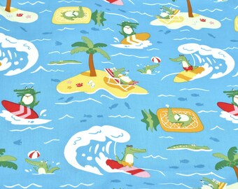 Alligator fabric, blue cotton fabric, beach fabric, palm tree fabric, surf fabric, fish fabric, crab fabric, beach ball fabric, by the yard