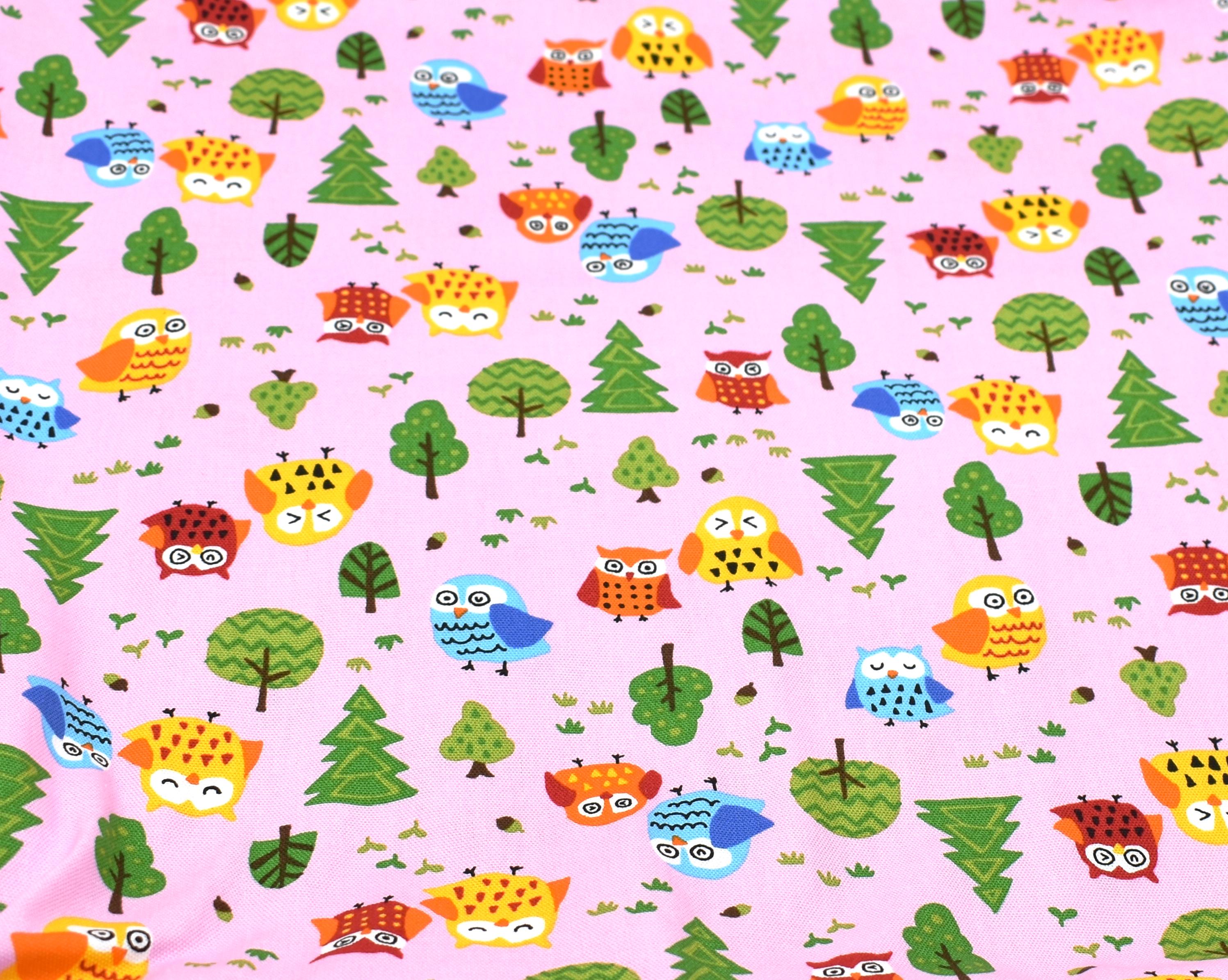 Owl fabric, pink cotton fabric, fabric by the yard, sewing supplies animal theme fabric, blue owl fa