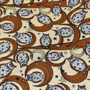 Owl Cotton Fabric, Cream Fabric, Star Fabric, Fabric By The Yard, Cream and Brown Fabric, Brown Fabric, Star Fabric, Cotton Fabric