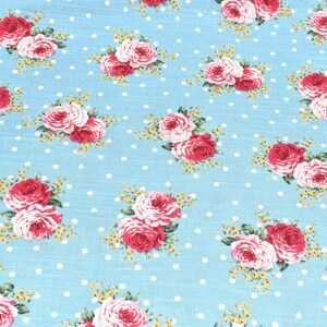 Floral Fabric, Hot Pink Roses Cotton fabric, Blue Polka Dots Fabric, Fabric By the Yard, Flowers Fabric, Vintage Style Cotton Fabric