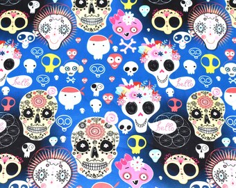 Tessuto con teschio di zucchero, tessuto Calavera, tessuto di cotone blu, tessuto di Halloween, tessuto Dia de los Muertos, tessuto per anno.