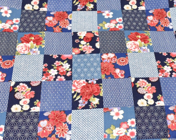 Patchwork Cotton Fabric, Blue Cotton Fabric, Floral Cotton Fabric, Fabric by the Yard, Red