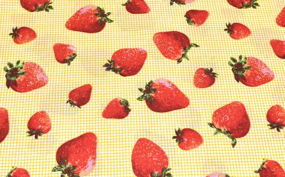 Strawberry Cotton Fabric, Fruit Fabric, Yellow Gingham Cotton Fabric, Fabric By The Yard, Red and White Fabric, Yellow and White Fabric