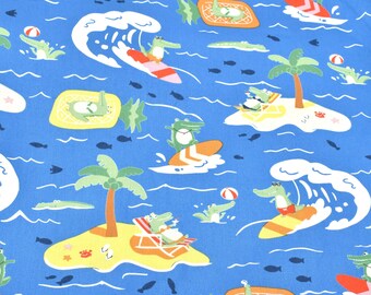 Alligator fabric, navy blue cotton fabric, beach fabric, palm tree fabric, surf fabric, fish fabric, crab fabric, beach ball fabric