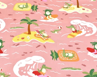 Alligator fabric, pink cotton fabric, beach fabric, palm tree fabric, surf fabric, fish fabric, crab fabric, beach ball fabric, by the yard
