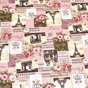 Eiffel Tower Fabric, Paris Fabric, Pink and Brown Fabric, Floral Fabric, Musical Notes Fabric, Pink Flower Fabric, Vintage Style Fabric