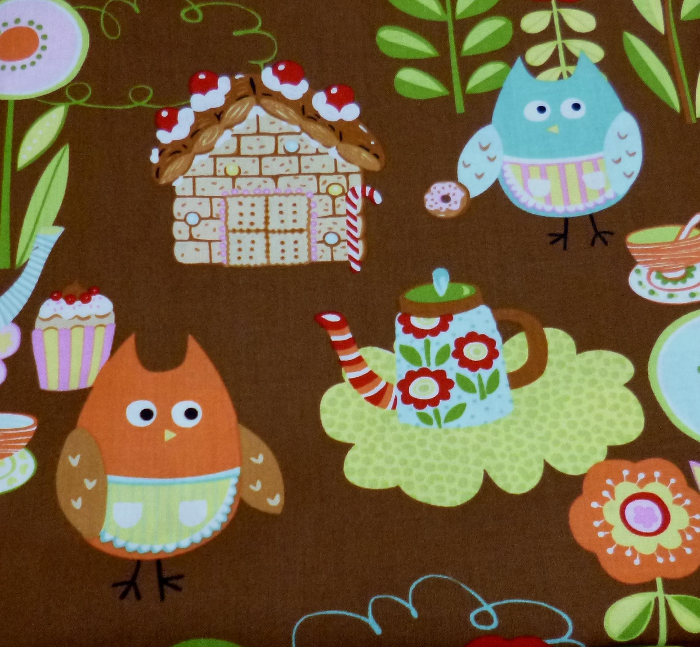 Owl fabric, brown cotton fabric, turtle fabric, fabric by the yard, tea cup fabric, flower fabric, f