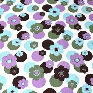 Purple flower fabric, aqua flower fabric, floral fabric, fabric by the yard, green flowers cotton fabric, cotton fabric, green circle fabric