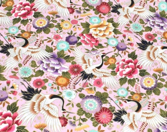 Kraanvogelstof, katoenen stof vogel, roze katoenen stof, paarse bloemstof, katoenen stof roze bloem, katoenen stof witte vogel