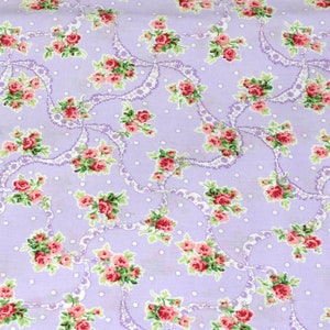 Pink Flowers Cotton Fabric, Floral Cotton Fabric, Lilac Fabric, Purple Fabric, Fabric By the Yard, Red Flowers Fabric, Red Roses Fabric