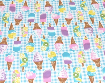 Ice Cream Fabric, Blue Gingham Fabric, Kiwi Fabric, Blue Fabric, Japanese Fabric, Ice Cream Cone Fabric, fabric By The Yard, LAST PIECE 30"