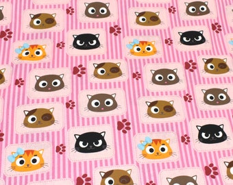 Cats Cotton Fabric,  Kitties Cotton Fabric, Kitty Cotton Fabric, Pink Cotton Fabric, Pink Stripes Fabric, Kawaii Fabric