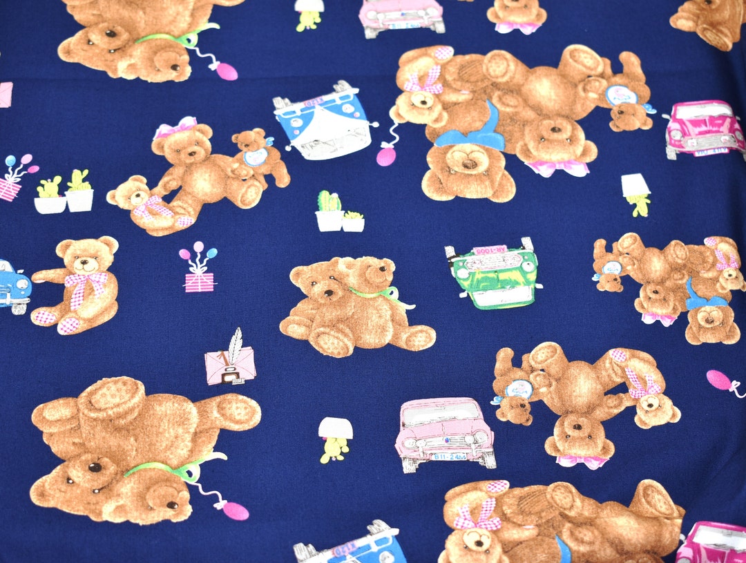 Teddy Bear Fabric, Bear Cotton Fabric, Navy Blue Cotton Fabric, Blue