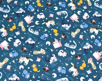 Cats Cotton Fabric,  Moon Cotton Fabric, Kitties Cotton Fabric, Kitty Cotton Fabric, Black Cat Fabric