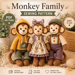 Monkey Family Sewing Pattern PDF, Plush Monkey Doll Pattern, Stuffed Animal Sewing Pattern, DIY Soft Toy Template, Monkey Family Tutorial.