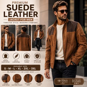 May include: A brown suede leather jacket with dark brown shoulder panels, a front zipper, and multiple pockets. The jacket is worn over a cream-colored shirt and dark jeans. Text on the image includes PREMIUM SUEDE LEATHER JACKET FOR MEN.