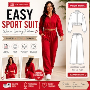 Easy Sport Suit Sewing Pattern PDF for Women, Cropped Hoodie and Wide Leg Sweatpants Digital Sewing Pattern, Printable Activewear Tracksuit.