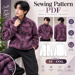 Puede incluir: Un patrón de costura digital para una chaqueta de forro polar, con el texto Sewing Pattern PDF, Men's Fleece Jacket y las tallas XS-XXXL. La imagen muestra una chaqueta de forro polar con estampado morado y negro y cremallera, vista de frente y de espaldas.