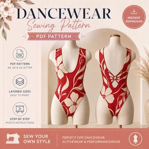 May include: A digital sewing pattern for a red and cream floral leotard. The design features a deep scoop neckline on the front and a back with thin crisscross straps connected by a central ring. Includes PDF format for A4, A0, and US Letter.