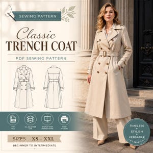 Può includere: Un cartamodello PDF per un trench classico, con il testo SEWING PATTERN, Classic TRENCH COAT, PDF SEWING PATTERN, SIZES XS - XXL e BEGINNER TO INTERMEDIATE. Include disegni al tratto del davanti e del retro del cappotto.