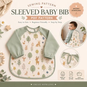 Sleeved Baby Bib Sewing Pattern PDF | Long Sleeve Baby Feeding Bib Digital Download | Reusable Toddler Bib DIY Tutorial | Printable