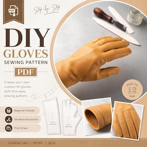 Patron PDF de couture de gants à faire soi-même - Gabarit de gants en cuir et en tissu, PDF imprimable multi-tailles pour toile, daim et microfibre, téléchargement facile.