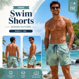 Peut inclure: Un patron de couture PDF numérique pour un short de bain en tailles S-3XL. Le modèle présente un tissu vert clair avec un imprimé de feuilles tropicales bleu foncé, une taille élastique et un cordon de serrage bleu foncé. Format A4/US inclus.