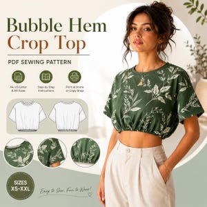 Puede incluir: Un patrón de costura en PDF para un top corto con dobladillo tipo burbuja en tela verde oscuro con estampado de hojas blancas. El patrón incluye formatos A4, US Letter y A0, instrucciones paso a paso y un dibujo técnico del top.
