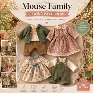以下が含まれることがあります： Mouse Familyの縫製パターンPDF。緑のジャケットと茶色のズボン、レース付きの花柄ドレス、リボン付きの柄物ドレス、白シャツと緑のオーバーオールの4つの衣装の作り方が含まれています。テキスト：Mouse Family。