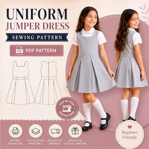 Girls School Uniform Jumper Dress Sewing Pattern PDF, Kids Pinafore Dress Pattern, Printable School Dress PDF, A4 US Letter Projector Files