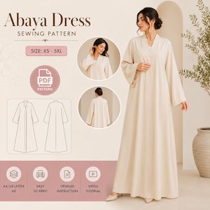 May include: A digital sewing pattern for an Abaya dress, labeled with sizes XS to 5XL. The image displays a beige floor-length dress with long sleeves and a V-neckline, alongside technical line drawings, a PDF icon, and instructional icons.