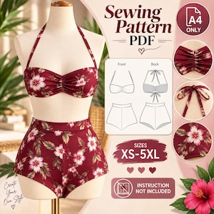 May include: A sewing pattern PDF for a two-piece swimsuit featuring a dark red fabric with a white and pink hibiscus floral print. The set includes a halter-style top with a gathered center and high-waisted bottoms. Text includes Sewing Pattern PDF, A4 ONLY, SIZES XS-5XL, and INSTRUCTION NOT INCLUDED.