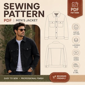 Mens Jacket Sewing Pattern PDF, Trucker Jacket Sewing Pattern, Printable PDF Sewing Pattern, Digital Jacket Pattern, DIY Mens Coat Pattern.