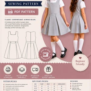 Girls School Uniform Jumper Dress Sewing Pattern PDF, Kids Pinafore Dress Pattern, Printable School Dress PDF, A0 US Letter Projector Files