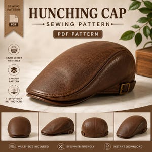 Könnte beinhalten: Ein Schnittmuster für eine braune Schiebermütze mit dem Titel HUNCHING CAP. Das Bild zeigt eine Hauptansicht der Mütze mit einer seitlichen Schnalle sowie vier kleinere Ansichten, die die Vorder-, Seiten-, Rück- und Schrägansicht der Mütze darstellen.