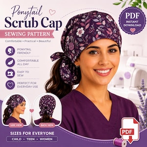 May include: A digital sewing pattern for a ponytail scrub cap featuring a dark purple fabric with a white and pink floral print. The design includes a side button, a tie-back closure, and text labels including Ponytail Scrub Cap PDF.