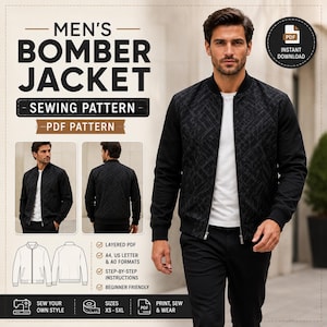 May include: A digital sewing pattern for a bomber jacket featuring text that reads MEN'S BOMBER JACKET SEWING PATTERN PDF PATTERN. The image displays a person wearing a black jacket with a textured front panel, a white t-shirt, and black pants.